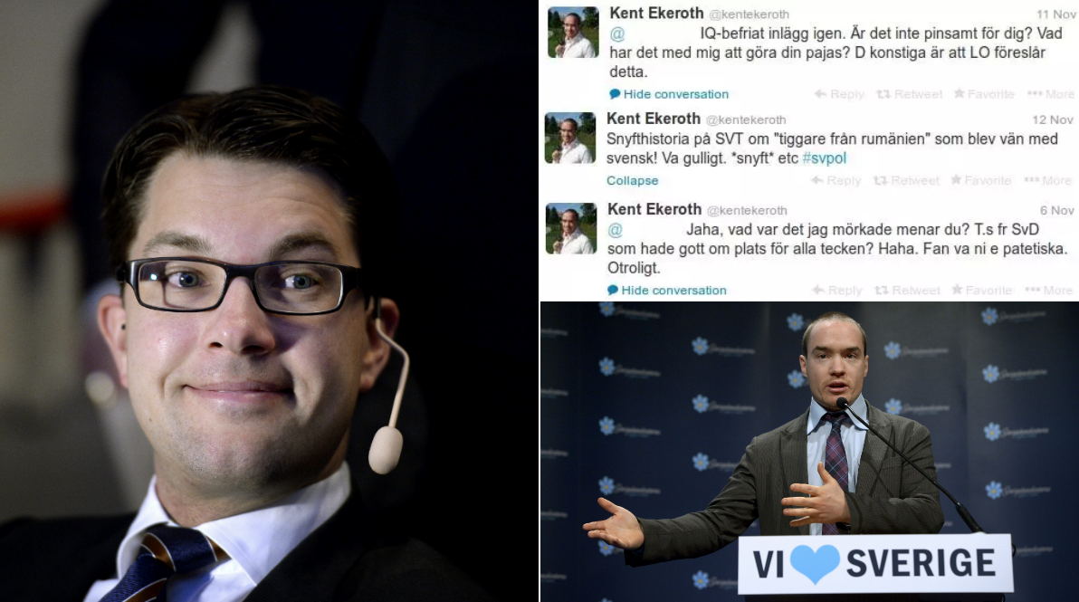 Partiledaren Jimmie Åkesson – och Kent Ekeroths uppmärksammade tweets.
